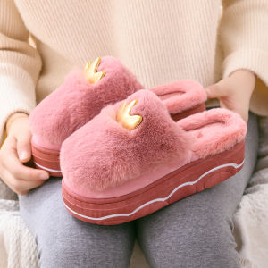 Height Increasing Heel Cotton Slippers Female Outwear Fashion Platform Thick Sole Waterproof Platform Indoor Household Furry Confinement Shoes Winter
