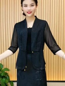 Fashionable Short Ice Silk Suit Jacket Womens Summer New Style Xiangyun Cloth V-neck Button up Casual Elegant Top Coat