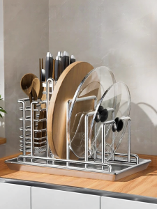 BW | Multifunctional 304 Stainless Steel Knife Holder Kitchen Storage Rack Integrated Pot Lid Cutting Board Utensil Organizer