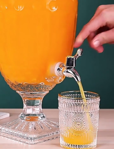 Juice Dispenser Crystal Glass Jug Household Hotel with Stainless Steel Tap Vintage Relief Juice Jar Cold Water Pitcher