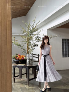 Sweet Princess Style Pleated Waist Cinched Long Summer Dress Creamy Sweet Japanese Thin Fog Sensation 100% Polyester Skirt