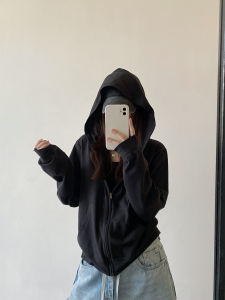 Elastic Slightly Loose Hooded Slimming Short Zippered Long Sleeve Jacket