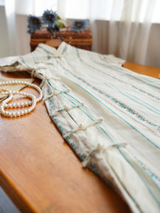 Retro Striped Cheongsam Full Open Collar Lightweight Summer New Arrival Elegant Feel Young Girl Short Sleeve Low Slit