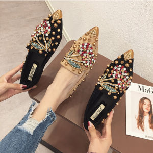Fashionable Flat Bottom Single Shoes for Women Spring Summer Korean Style Diamond Nail Head Pointed Toe Large Size Shoes 43 Rivet