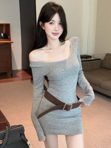 GUZILIAN | Winter/Spring Retro Fleece Knit Dress Off-Shoulder Long Sleeve Decolletage Exposed Bodycon Dress