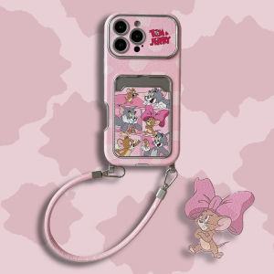 Cute Cartoon Pink Tom And Jerry Phone Case Card Holder Style for iPhone17Promax Viral Model 16Pro Super Beautiful Girl Style 1514 with Hand Rope Anti-Fall Shell