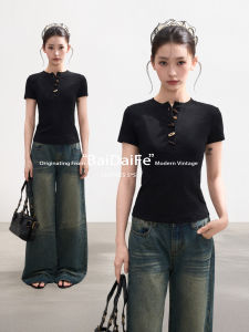 BAIDAIFEI | Black Horn Button Henley Short Sleeve T-Shirt Slim Fit