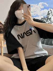 Plus Size Pure Cotton Short Sleeve T-shirt for Women Chubby Girl Shoulder Half Sleeve Tops American Retro Slim Fit Slimming Color Matching Couple Wear