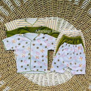 3 Stel Setelan Bayi Tangan Pendek Serian Hijau