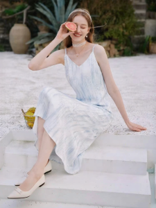 XIANGYING | Resort Style V-Neck French Design Blue Gradient Gradation Womens Dress