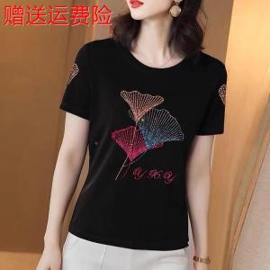 เสื้อยืดแขนสั้นผู้หญิงไซส์ใหญ่ ทรงหลวม ทรงสลิม แฟชั่นฤดูร้อน 2024 ใหม่ ประดับคริสตัล เสื้อผ้าทำงาน คอตั้ง