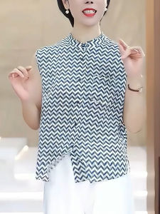 QINGNAER | Stylish Loose Wave Stripe Stand Collar Sleeveless Shirt Plus Size