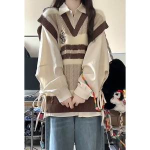 เสื้อกั๊กถักปักลายสีน้ำตาล ชุดสองชิ้นสำหรับนักเรียนหญิง ฤดูใบไม้ร่วง 2024 เสื้อสเวตเตอร์คอวีแขนยาวผ้าอะซิเตท