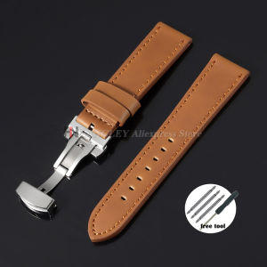 langley | Vintage Leather Watch Band 18mm 20mm 22mm 24mm Butterfly Buckle for Mens Women Sport Strap Stitching Brown Bracelet Accessories