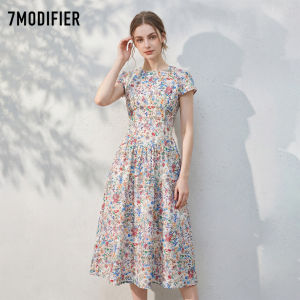 7.Modifier | Đầm Hoa Ôm Eo Tay Ngắn Cổ Tròn Mùa Hè