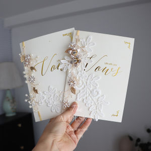 Elegant Beaded French Lace Wedding Card Groom Bride Vows Ceremony Card Retro Style Folded Design Marriage Celebration Gift