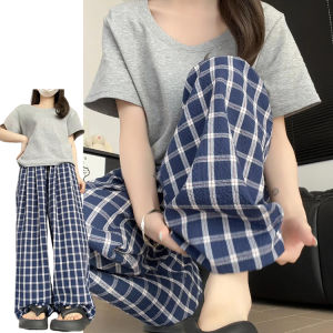 Ruths Summer Thin Ice Silk Plaid Pants Womens Casual Wide Leg Trousers Long Loose Fit High Waist Polyester Fiber