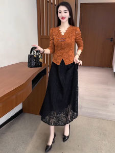 Fashionable Lace Slim Fit V-Neck T-Shirt Womens Autumn New Style Elegant Base Shirt Wave Waist Long Sleeve Mid-Length Dress