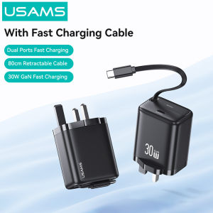 USAMS 30W GaN Fast Charger with Retractable Cable UK/US/EU Plug 3PIN 2PIN USB C Port Portable Travel Adapter Intelligent Temperature Control Technology Fast Charging Wall Charger