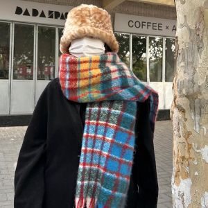 Retro Rainbow Plaid Scarf Womens Winter Thick Warm Student Shawl Korean Version Cashmere Neck Warmer Checkered Design Polyester Fiber