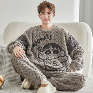 Mens Sleepwear Coral Fleece Thickened Winter Home Clothes Set Long Sleeve Long Pants Comfortable Warmth Bedroom Outfit Set