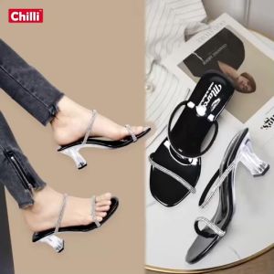 รองเท้าส้นแก้ว B1021 สูง 2 นิ้ว สายคาดด้านหน้า ประดับเลื่อมเพชร