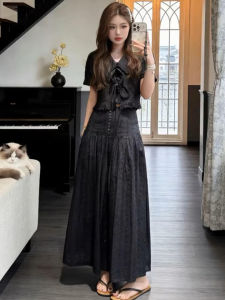 LIRUSHAN | French Elegant Black Short Sleeve Long Dress