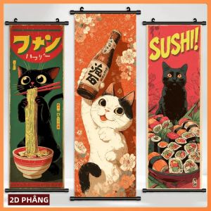 VIKAMA Mèo Dễ Thương Ukiyo-e Thực Phẩm Nhật Bản Cuộn Thảm Retro Dọc Treo Tường Trang Trí Phông Nền Cho Gia Đình Phòng Khách Phòng Ngủ Lối Vào