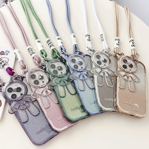 Glitter Diamond Lucky Bear Cartoon Camera Protective Bracket Kickstand Case For iphone 17 Pro Max Air 16 Pro 15 Pro Max 13 14 Pro Max iphone 11/12 Pro Max iphone X/XS MAX/ XR Case Lanyard Crossbody Neck Strap Detachable String Case