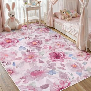 Pink Peony Flower Pattern Carpet Pink Soft Washable Floor Mat Bedroom Childrens Room Nursery Garden Style Decorative Area Rug