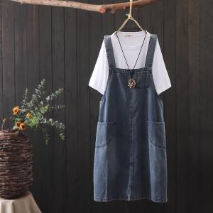 Loose Casual Summer Denim Skirt Dress plus Size Artistic Vintage Style Womens Fashion Sun Protection Clothing round Neck Sleeveless