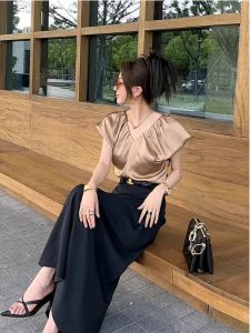 WANGGONGZHU | Champagne Color V-neck Backless Short-sleeve Shirt Women Summer Design Thin Fly Sleeve Top French Style Princess Commute Wind