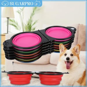 2 In 1 Dog Bowl Portable Folding Pet Double Bowl Collapsible Silicone Water Bowls For Dog Accessories Dogs Bowl Cat Accessories