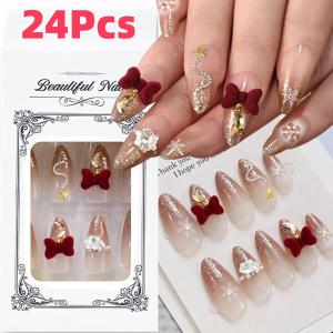 24Pcs 3D Wine Red Velvet Bow Christmas Press On Nails Nude Gradient Almond Fake Nails Snowflakes Star Moon Pendant False Nails 9