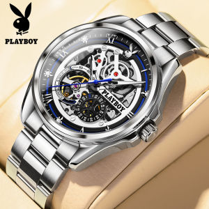 PLAYBOY mens fashion watch 2025 luxury original brand swiss imported automatic mechanical movement waterproof stainless steel strap fashion hollow carving design dial casual business mens watch【Send a high end box】