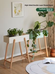 Solid Wood Moveable Flower Rack for Living Room and Balcony
