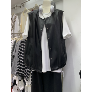 Short Sleeveless PU Leather Cardigan for Plump Women Autumn Wear Korean Style Top Coat round Neck Single Button Fastening