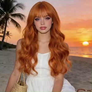 Long Curly Wave Orange Wigs with Bangs Synthetic Wigs Halloween Cosplay Lolita Party Heat Resistant Wig Hair