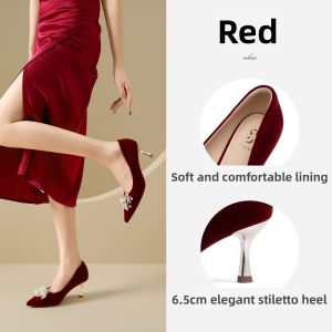 Josiny | Red Comfortable Wedding High Heels with Pointed Toe and Thick Heel