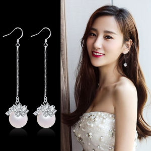 S925 Silver Long Pearl Pendant Earrings Fashionable Tassel Design Elegant Womens Jewelry Long Hook Earrings Trendy Accessory