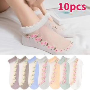 10pcs Sheer Floral Ankle Socks Ruffle Edge Breathable Mesh Socks for Summer Daily WearCasual & Cute Footwear for Women & Girls