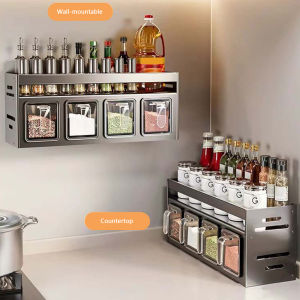 Wall Mounted Spice Rack with 4 Storage Boxes Space Aluminum Kitchen Countertop Seasoning Organizer Bottle Storage Holder
