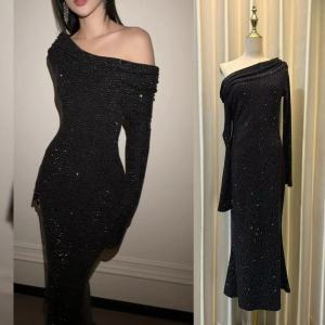 French Hepburn Style Black Fish Tail Dress Womens Spring New High-End Elegant Lady Evening Gown Long Sleeve Sequin Evening Dress