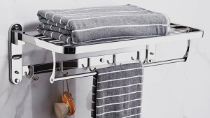 Foldable Towel Rack with Shelf and Hooks No Drill Wall Mounted Rustproof Stainless Steel Punch Free Adhesive Holder for Bathroom Toilet Kitchen Space Saving Heavy Duty