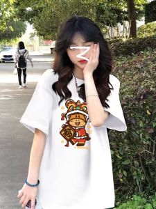XINDADANG | Chinese Style Red Cartoon Print Loose Cotton T-Shirt for Women