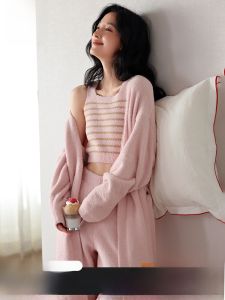 Miiow | Thickened Half-Flannel Coral Fleece Womens Sleepwear Set Warm Home Clothes Nightgown Robe Three-Piece Set Sweet Style For Youth