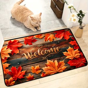 VIKAMA Vintage Wood Plank Red Orange Maple Leaf Fall Season Rug Stain Resistant Easy Care Mat Porch Kitchen Entryway Floor Mat