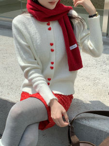 Sweet Christmas Red Knitted Sweater Coat Womens Autumn Winter Short Waist-Cinching Cardigan Soft Nylon Viscose Acrylic Fiber