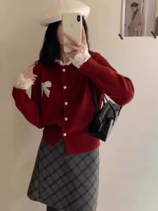 Christmas Style French Sweet Lace Trim Butterfly Knot Knitted Sweater Womens Winter Soft Warm Gentle Knitwear