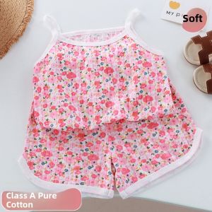 Girls Cotton Camisole Tank Top Set Boys Base Layer Shirt Baby Vest Shorts Home Two Piece Set Pure Cotton Summer Casual Wear